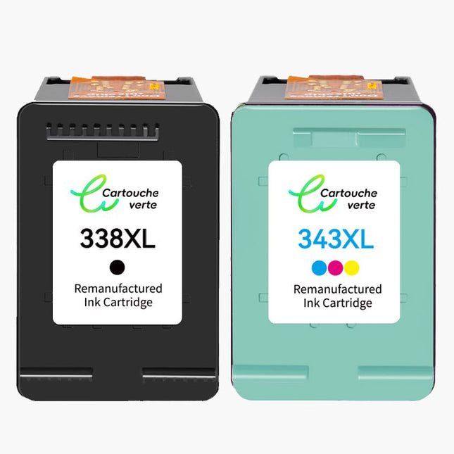 HP 338/343XL Cartouche d'encre compatible （Noir et Couleur ）| Recyclée et écologique - Indication niveau d encre - Format XL - Cartouche verte